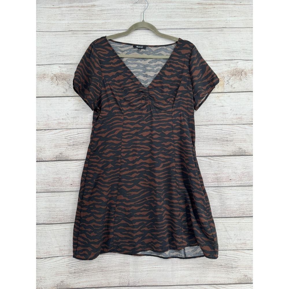 Madewell Mini Dress Womens 14 Brown Black Tiger Print V-Neck Short Sleeve NO114